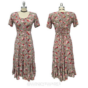 Vintage 90s Starina Floral Print Midi Dress Size S Lace Up Corset Back Cottage